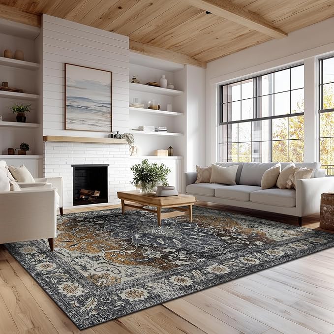 4x6 Washable Area Rug for Living Room, Carpet for Bedroom, Soft Faux Wool Retro Dining Room Rug, Non Slip&Non-Shedding Resistant Low Pile Vintage Print Rug for Home Office (Tan/Gray)