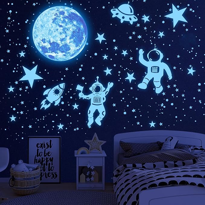 1017Pcs Glow in The Dark Stars for Ceiling Glow in The Dark Moon and Planet Wall Decal Luminous Astronaut Universe Galaxy Space Wall Stickers for Kids Boys Bedroom Blue