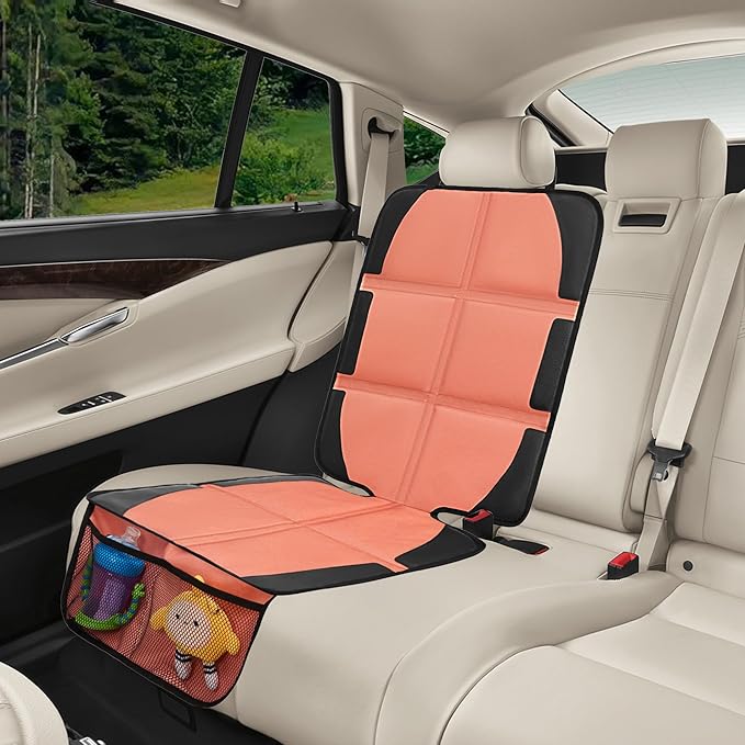 Car Seat Protector for Child, 2 Pack Covers with Mesh Pockets & Non-Slip Backing, 600D Durable Under Seat for Back (Orange, Large)
