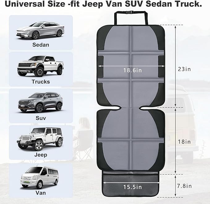 Car Seat Protector, 2 Pack Baby CarSeat Covers with Mesh Pockets & Non-Slip Backing 600D Durable Seat Protectors Under Car Seat for Baby(Gray, Large)