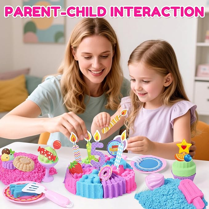 Cake & Ice Cream Sensory Bin Sand Toy, Sand Kit Sensory Toys w/lid and 4 Color Magic Sand 2.2lbs, Molds, Tools Set 43pcs Total for Toddlers, Fun Gift for Kids 3+