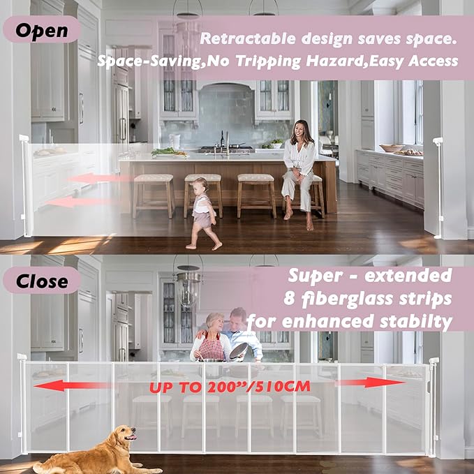 200" Retractable Baby Gates Extra Wide for Large Opening, 41" Extra Tall Retractable Dog Gate Pet Gates, Long Child Safety Mesh Gate with Fiberglass Rods for Stairs, Doorways, Hallways, Indoor/Outdoor