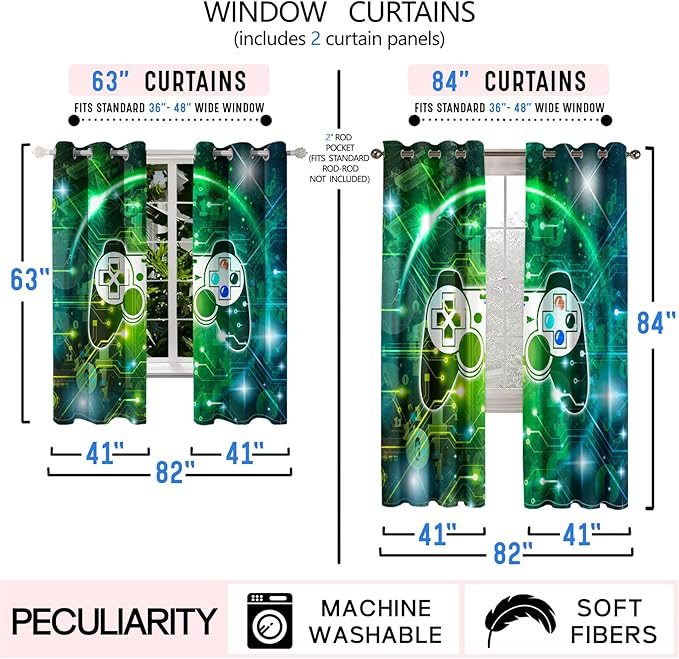 Gaming Curtain for Boys - 2Pcs Gamer Curtain Panels for Boys Bedroom Blackout Drapes Modern Games Patterns Windows Curtains Green Game Room Decor Grommet Top Curtains, 82" x 84"