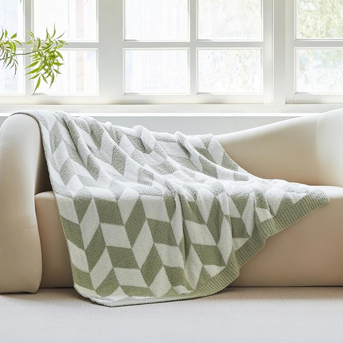 Snuggle Sac Chevron Throw Blanket for Couch, Reversible Super Soft Warm Blankets Cozy Knit Fuzzy Plush Lightweight Throws for Sofa, Bed, Camping, Green,50x60 inches