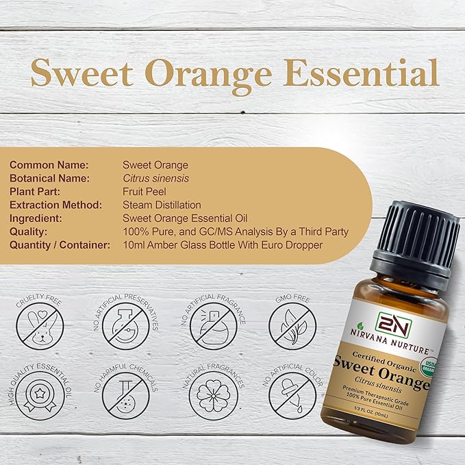 Sweet Orange Essential Oil USDA Certified Organic 100% Pure Premium Therapeutic Grade, Undiluted - Aromatherapy Diffuser for Calm and Relaxation, Skin Care, Hair Care