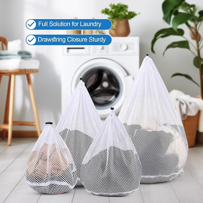 4Pcs Mesh Laundry Bags Washing Machine Mesh Wash Bags for Clothes,Underwear,Lingerie, Bed Linen with Drawstring Closure Sturdy(4 Size)