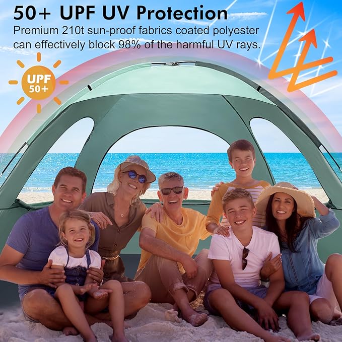 WhiteFang Beach Tent Anti-UV Portable Sun Shade Shelter for 3/4/6/8 Person, Extendable Floor with 3 Ventilating Mesh Windows Plus Carrying Bag, Stakes and Guy Lines