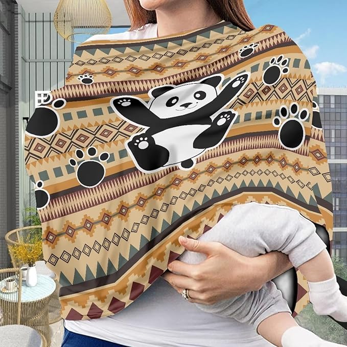 Binienty Breathable Car Seat Covers for Babies Newborns,Aztec Nation Panda Pattern Nursing Cover Breastfeeding Scarf Breathable Stroller Cover for Sun