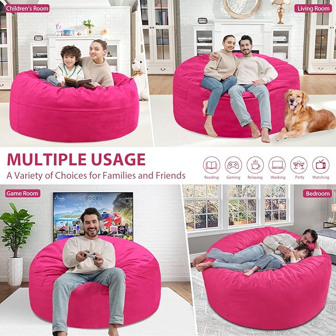 4FT Bean Bag Chair, Large Bean Bag Chairs with Memory Foam Filled, Fluffy Beanbag Sofa with Dutch Velvet Cover, Round BeanBag Chairs for Living Room, Playroom - Pink