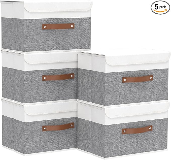 Yawinhe Storage Boxes with Lids, Linen Fabric Bin, Cube Organizer Basket, Washable and Leather Handle, for Home, Closet, White/Grey, 15.0''Lx9.8''Wx9.8''H, 5-Pack, USNK024WGL-5