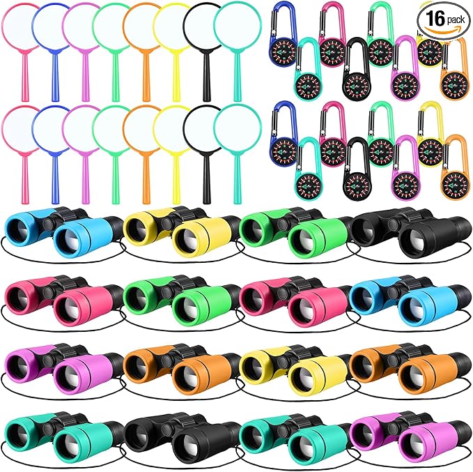 Hiboom 16 Set Kids Binoculars Bulk Shockproof Folding Children Mini Compact Binoculars Compass Magnifying Glass for 3-12 Years Boys Girls Kids Bird Watching Camping Outdoor Play