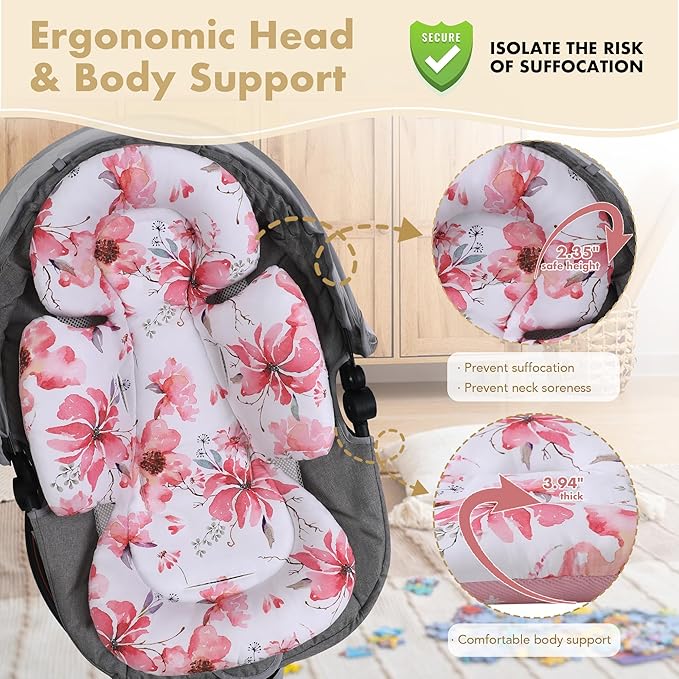 Infant Car Seat Insert, 2-in-1 Head & Body Carseat Support for Baby Newborn Toddler with Strap Covers, Reversible Ultra-Soft Cushion for Baby Carseat, Stroller, Swing & Bouncer