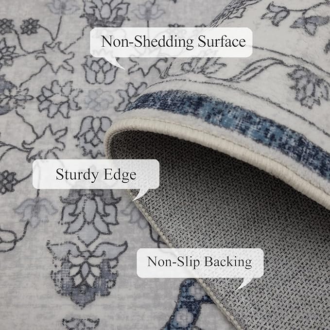 4x6 Washable Area Rug for Living Room, Carpet for Bedroom, Soft Faux Wool Retro Dining Room Rug, Non Slip&Non-Shedding Resistant Low Pile Vintage Print Rug for Home Office (Grey/Blue)