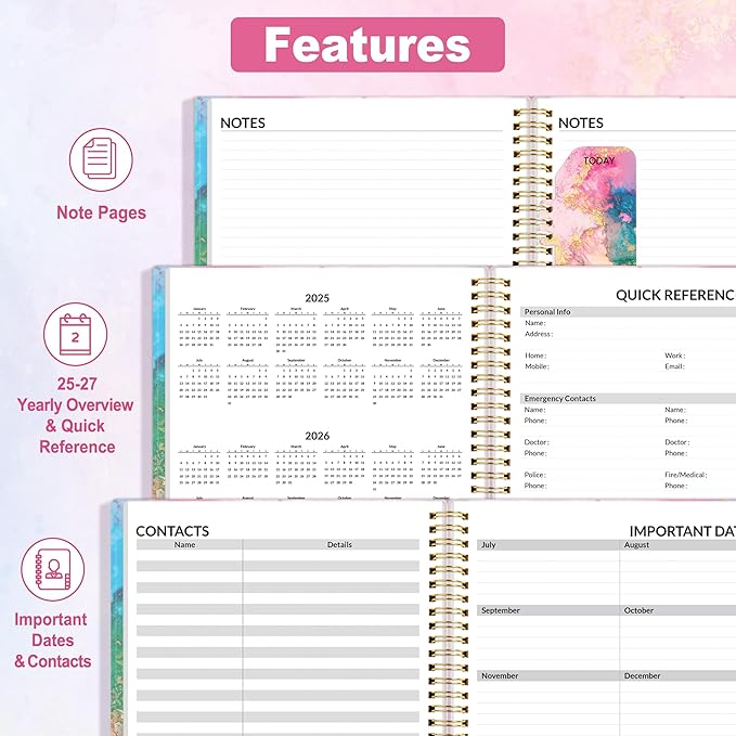 SUNEE Academic Planner 2025-2026 Weekly and Monthly - from July 2025 to June 2026, 6.4"x8.3" School Year Calendar Daily Planner with Monthly Tab, Flexible Cover, Note Pages, Spiral Binding, Marble