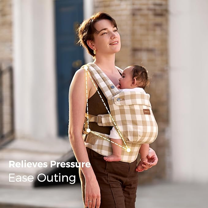 Momcozy Baby Carrier with Natural Cotton Linen, Built to Last, Ergonomic Design, Lightweight and Comfortable, Hands-Free for Moms&Dads, Brown Checkerboard