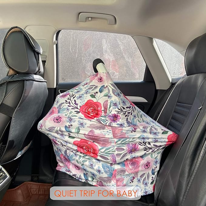 Multi-use Canopy Breastfeeding Cover - Car Seat Canopy for Babies, Stretchy Carseat Cover, Boys and Girls Shower Gift (Purple Flower)