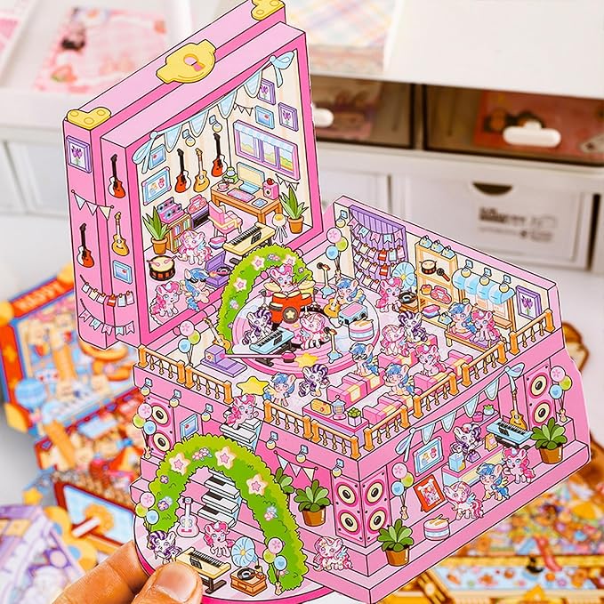 4 Sets DIY 3D Stickers Scene for Adults Teen Girls, Large 3D House Sticker Therapy Cute Cartoon Animal Scenes Sticker, Make Your Own Mini Room Scenes，Relief Stress Pass The Time Birthday Gift