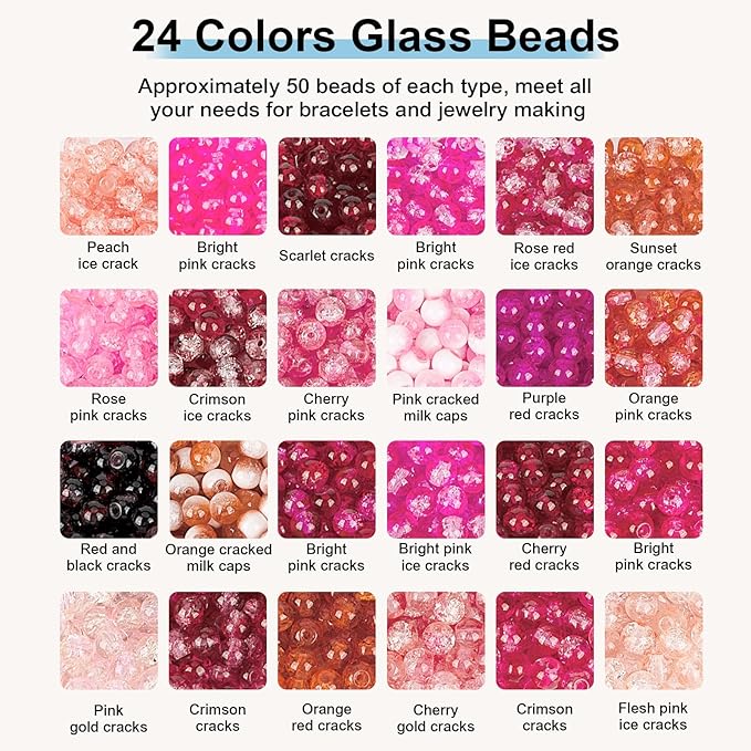 XSEINO About 1200pcs 6mm Crackle Glass Beads Bracelet Making Kit,24 Assorted Colors Crack Blush Pink Series Crystal Glass Bead for Bracelet Jewelry Making,DIY Crafts,Friendship Bracelets