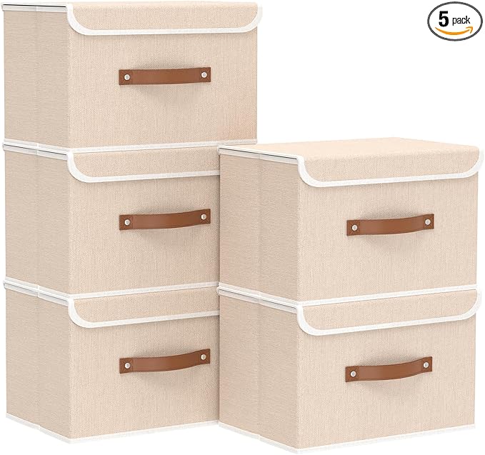 Yawinhe Collapsible Storage Boxes, Linen Fabric Baskets, Bin with lid and Leather Handle, Washable, for Home, Closet, Beige, 15.0''Lx9.8''Wx9.8''H, 5-Pack, USNK024BEL-5