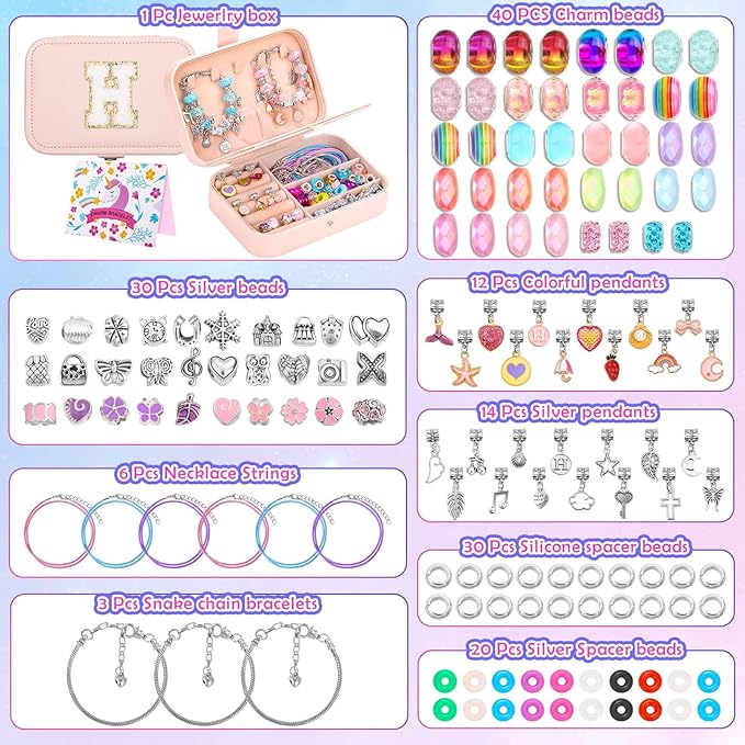Bracelet Making Kit for Girls with Bracelet Box Charm Beads Pendants for Jewelry Making Craft Kit for Teen Girls Age 8-12 Kids Gifts Toys Birthday Valentine Christmas