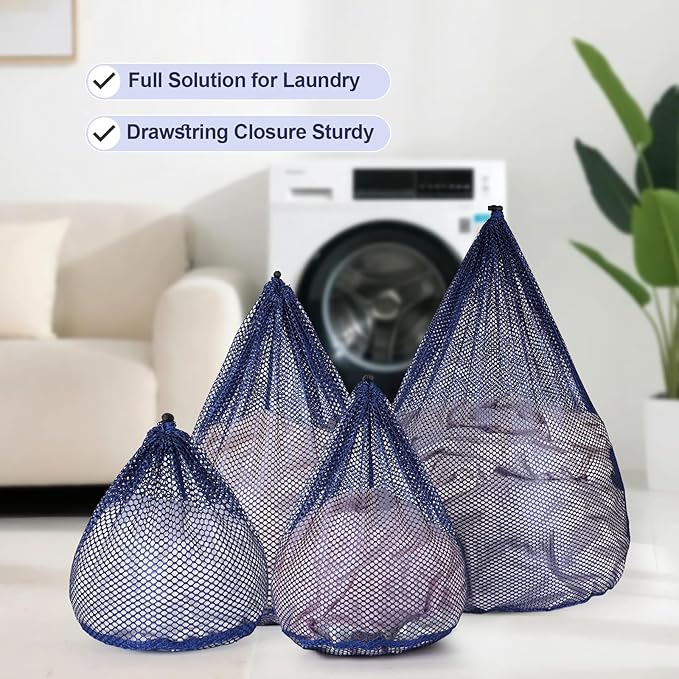 4Pcs Mesh Laundry Bags Washing Machine Mesh Wash Bags for Clothes,Underwear,Lingerie, Bed Linen with Drawstring Closure Sturdy(4 Size, Blue)