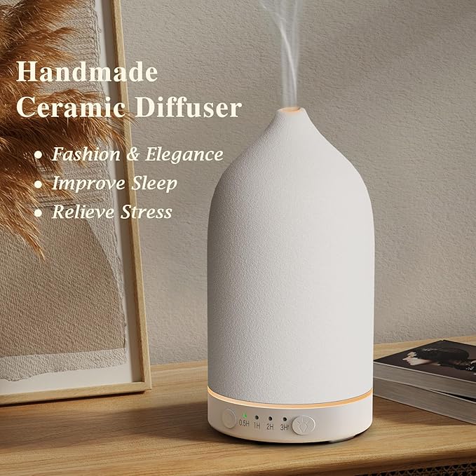 Diffuserlove Ceramic Essential Oil Diffuser 160ML for Room, Home, Bedroom - Aromatherapy Stone Diffuser White (Size: 6.8" H x 3.6" W)