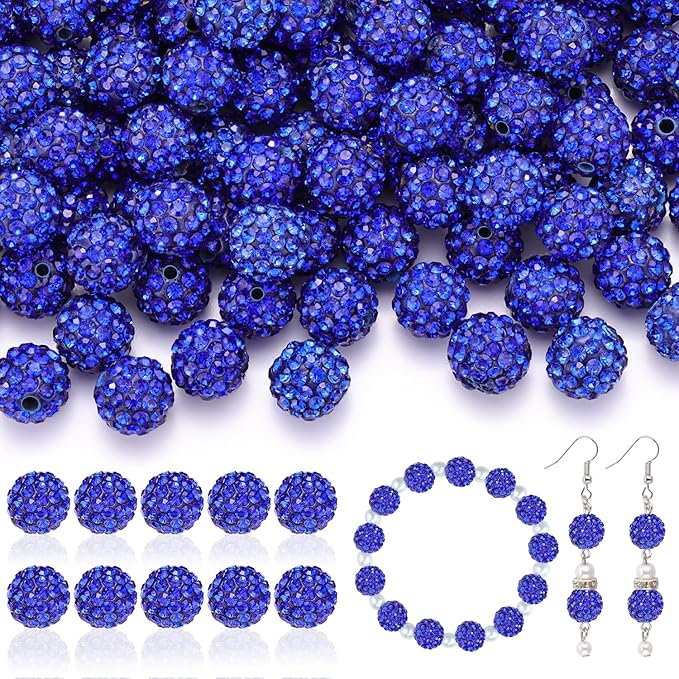 105pcs 10mm Rhinestone Beads for Jewelry Making, Dark Blue Shiny Round Disco Ball Beads Bulk, Sparkle Crystal Clay Christmas for Bracelet Baseball Necklace Earring Crafting and DIY