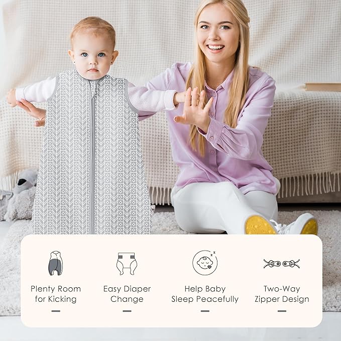 SWEET DOLPHIN Baby Sleep Sack 18-24 Months - 100% Cotton 2-Way Zipper TOG 0.5 Infant Wearable Blanket, Newborn Essentials Toddler 3 Pack Sleeping Sacks - Grey