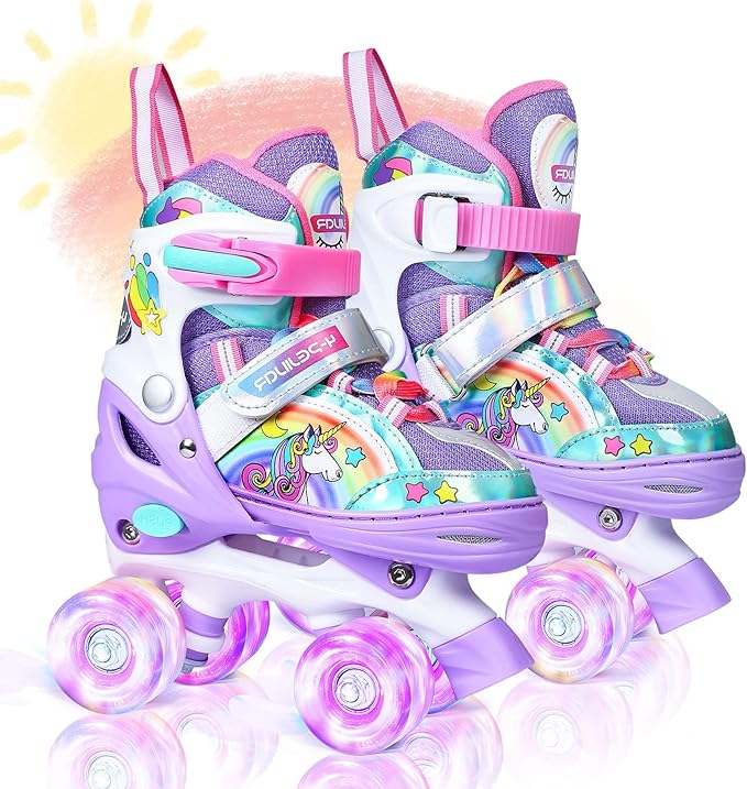 4-Pejiijar Rainbow Unicorn Kids Roller Skates for Girls Toddler Ages 2-4 5-8 8-12,Adjustable Roller Shoes with Luminous Wheels for Birthday Xmas Gifts