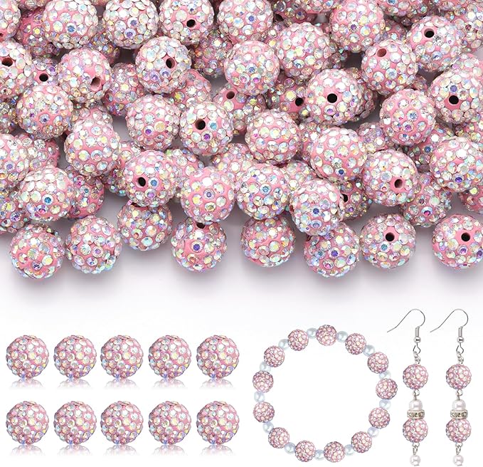 160pcs 10mm Rhinestone Beads for Jewelry Making, Pink AB Shiny Round Disco Ball Beads Bulk, Sparkle Crystal Clay Christmas for Bracelet Baseball Necklace Earring Crafting and DIY