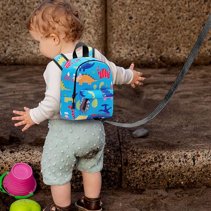 Accmor Toddler Backpack Leash with Anti Lost Wrist Link, Cute Mini Child Walking Harnesses Keep Kids Close Back Pack Rope Tether Rein for Baby Boys (Light Blue/Dino)