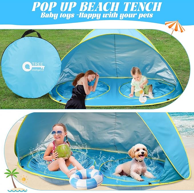Baby Beach Tent-2 Pools Pop Up UPF 50+ Sunshade with Carry Bag, Portable for Travel,Beach,Camping,Indoor