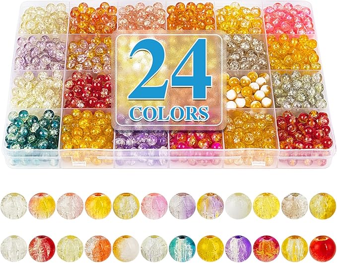 XSEINO About 1200pcs 6mm Crackle Glass Beads Bracelet Making Kit,24 Style Crack Sunshine Yellow Series Colorful Crystal Beads for Jewelry Bracelet Making,DIY Crafts,Friendship Bracelets,Necklaces