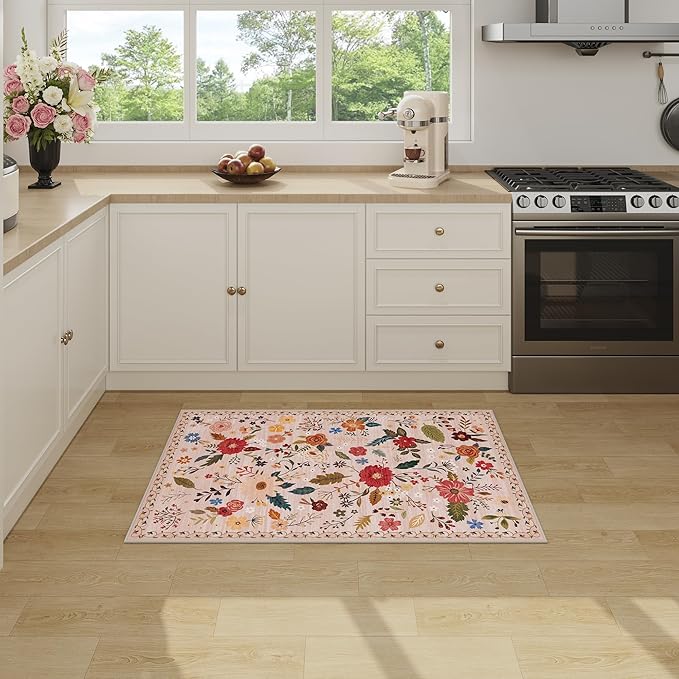 2x3 Washable Rug for Entryway, Floral Soft Small Area Rug, Non Slip Doormat Indoor Entrance Carpet, Flower Low Pile Front Door Throw Rug for Bedroom, Kitchen, Laundry, Bathroom, Pink/Beige