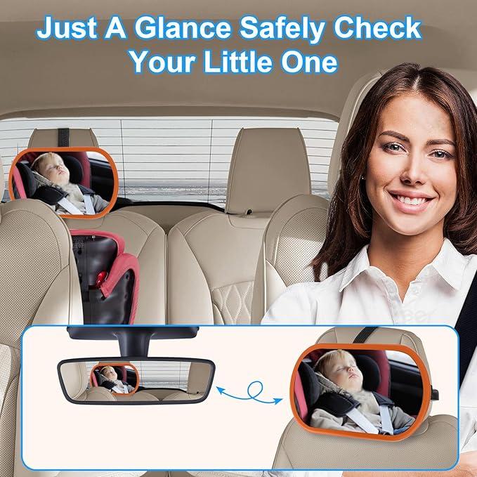 Baby Car Mirror, Safety Car Seat Mirror for Rear Facing Infant, Clear Wide View, 360°Rotation, Easily Observe the Baby Move, Secure, Shatterproof, Crash Tested and Certified(Orange)