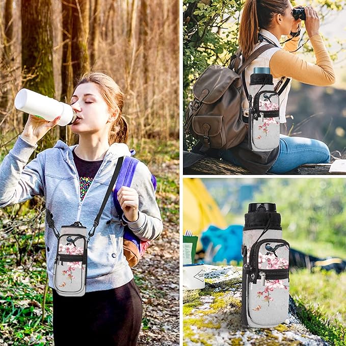 25/32/40/64oz Water Bottle Bag Holder Carrier-Insulated Crossbody Sling Case Sleeve with Strap & Pockets for Men Women Gym Cycling Travel Walking Hiking Camping