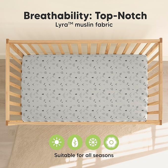 KeaBabies 2-Pack Muslin Crib Sheets for Boys, Girls - 100% Organic Cotton Fitted Baby Crib Mattress Sheet, Soft Breathable Standard Toddler Bed Cover Bedding Set, Neutral, Durable 52x28 (Woodland)