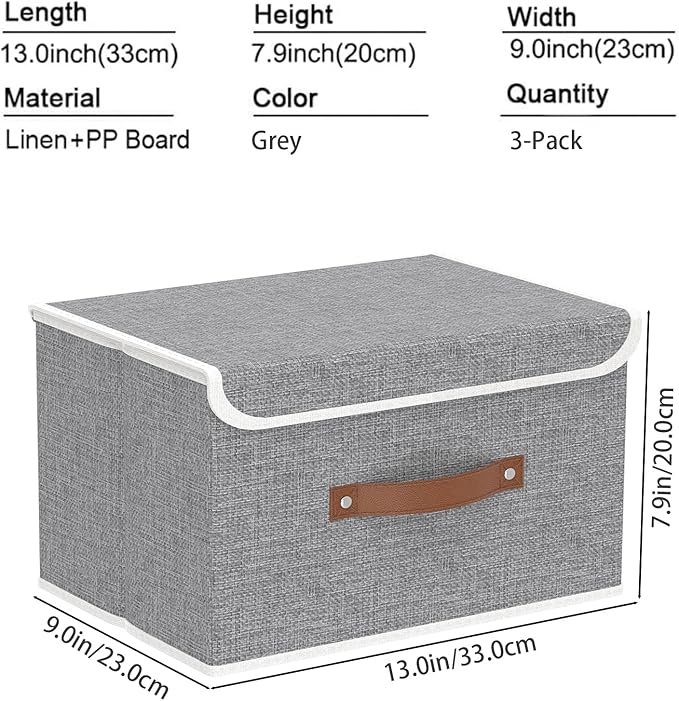 Yawinhe Collapsible Storage Boxes, Foldable Bin with Lids, Cube Clothes Organizer Basket with Handles, Grey, 13.0''Lx9.0''Wx7.9''H, 3-Pack, SNK024GS-3