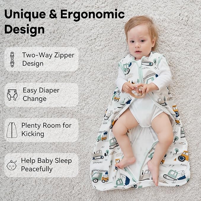 Baby Sleep Sack 18-24 Months 0.5 Tog Wearable Blanket Baby, 3 Pack 100% Cotton Lightweight Sleeping Sack with 2-Way Zipper for Infant Toddler Excavator
