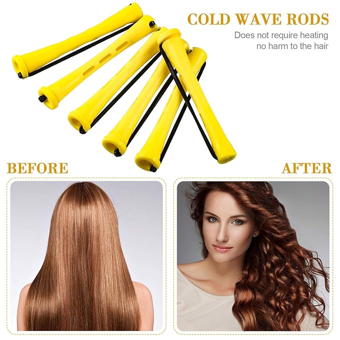 48 Pieces Hair Perm Rods Short Cold Wave Rods Plastic Perming Irons Hair Curling Rollers Curlers with Steel Pintail Comb Rat Tail Comb for Hairdressing Styling Supplies(0.28 Inch,Yellow and Orange)
