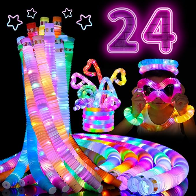 24 PCS LED Pop Tubes, Light Up Glow Tubes, Glow in the Dark Party Supplies, Sensory Toys Birthday Party Favors for Kids, Light Up Toys