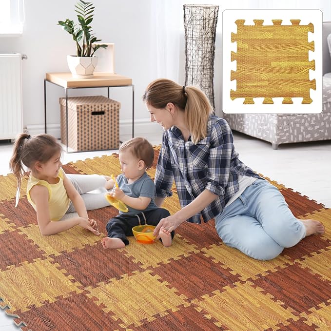 Skyweaver 36 Tiles Soft Non-Toxic Baby Play Mat for Floor EVA Foam Jigsaw Puzzle Play Mat, Interlocking Squares with 0.6inch for Babies, Toddlers & Kids Gym, Nursery, Playroom, Light Brown