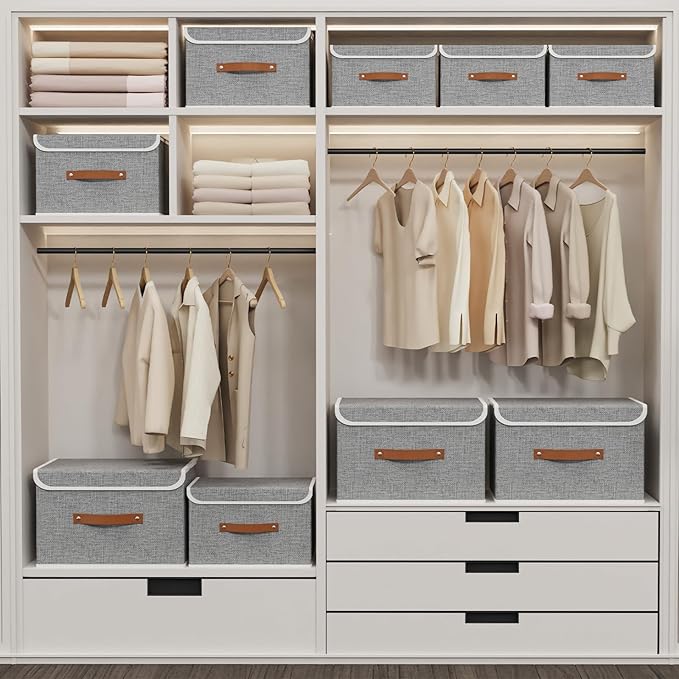 Yawinhe Collapsible Storage Boxes, Foldable Bin with Lids, Cube Clothes Organizer Basket with Handles, Grey, 13.0''Lx9.0''Wx7.9''H, 5-Pack, SNK024GS-5