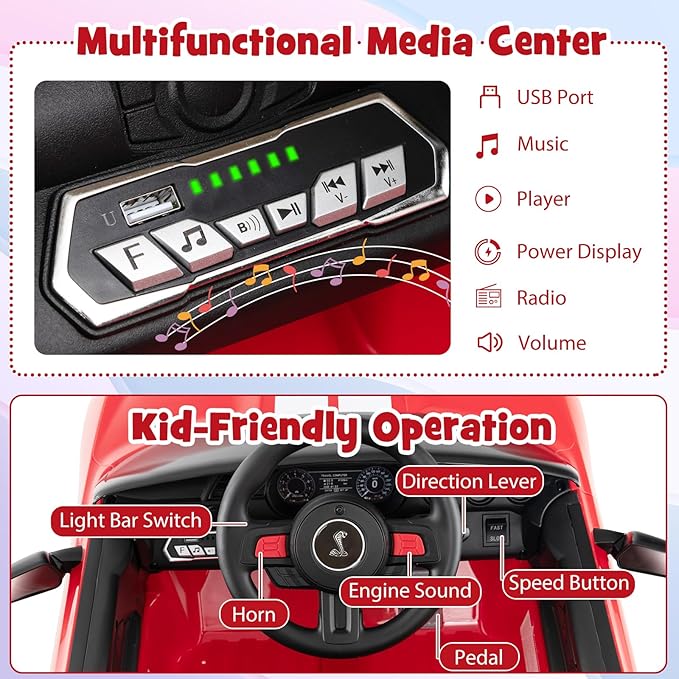 Costzon Ride on Car, 12V Licensed Ford Mustang Shelby GT500 Kids' Electric Vehicles w/Remote Control, USB Port, Radio, Music, Player, High Low Speed & Soft Start, Racing Kids Car for Toddlers (Red)