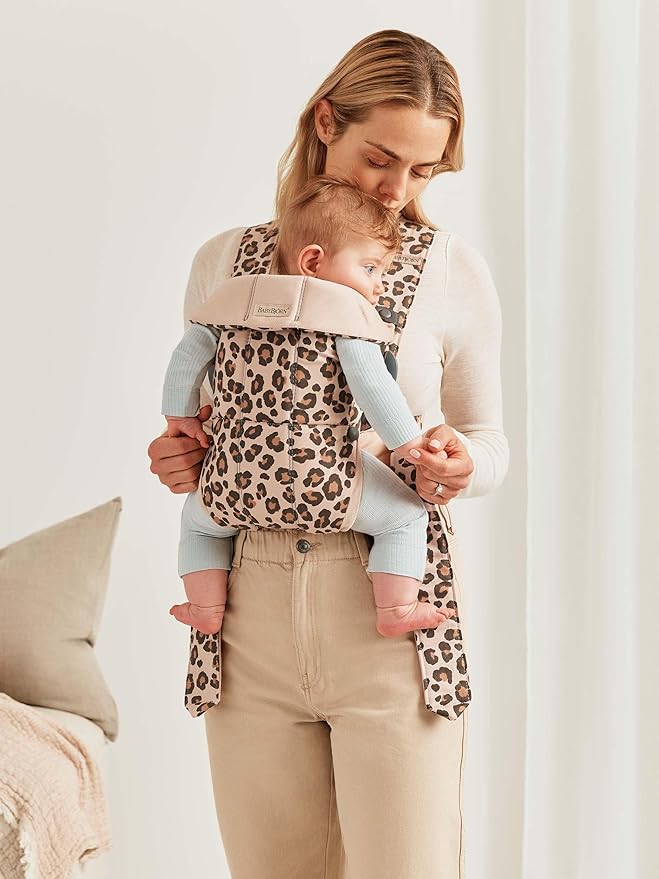 BabyBjörn Baby Carrier Mini, Cotton, Beige/Leopard | Newborn Carrier (7-25 lbs), Ergonomic, Easy-to-Use