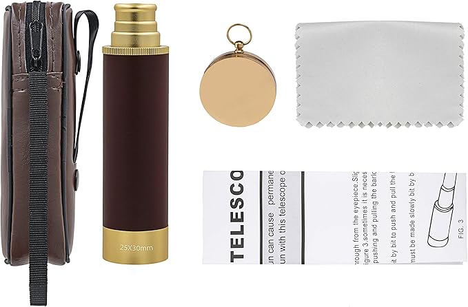 Retro Pirate Telescope Zoomable 25x30 Spyglass Portable Collapsible Handheld Telescope Vintage Monocular for Kids & Survival Gear Compass Pocket Military Compass for Camping Boating