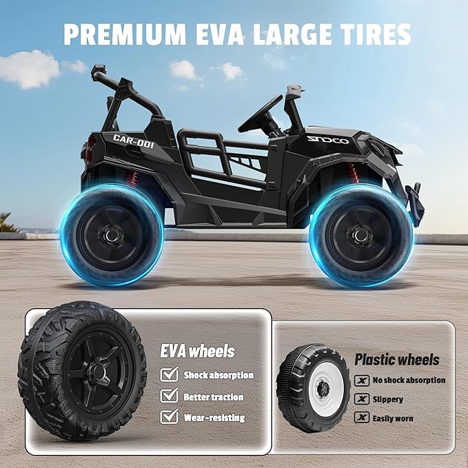 24V 2 Seater Ride on Car Truck, 4x200W, EVA Tires, 4WD/2WD, Rainbow Lights, Remote Control, Shock Absorbers, Bluetooth, Ride On UTV Toy for Kids Ages 3-8, Black