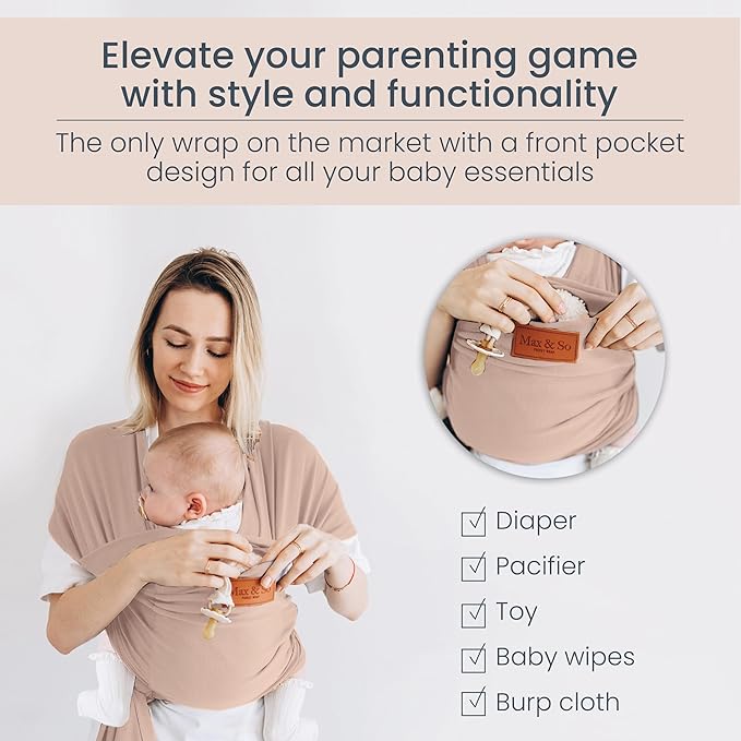 Baby Wrap Carrier - Premium Cotton Baby Carrier Wrap for Newborn to Toddler- Infant Carrier- Baby Holder One Size Fits All with Front Pocket(Beige) by Max&so
