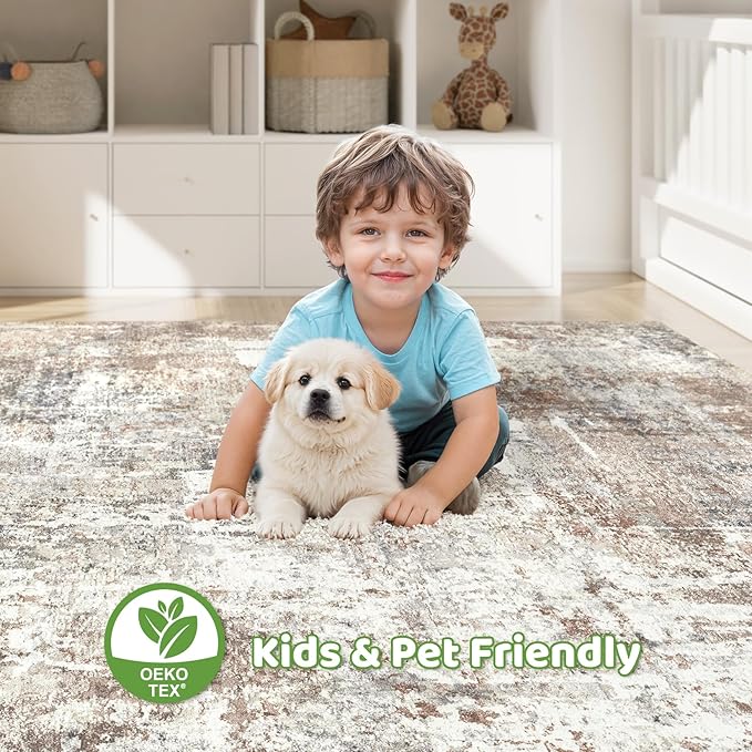 4x6 Rug Washable Area Rugs: Abstract Modern Soft Stain Resistant Indoor Floor Accent Non Slip Carpet for Living Room Entryway Kitchen Bedroom Nursery Office Bedside Home House Decor- Brown