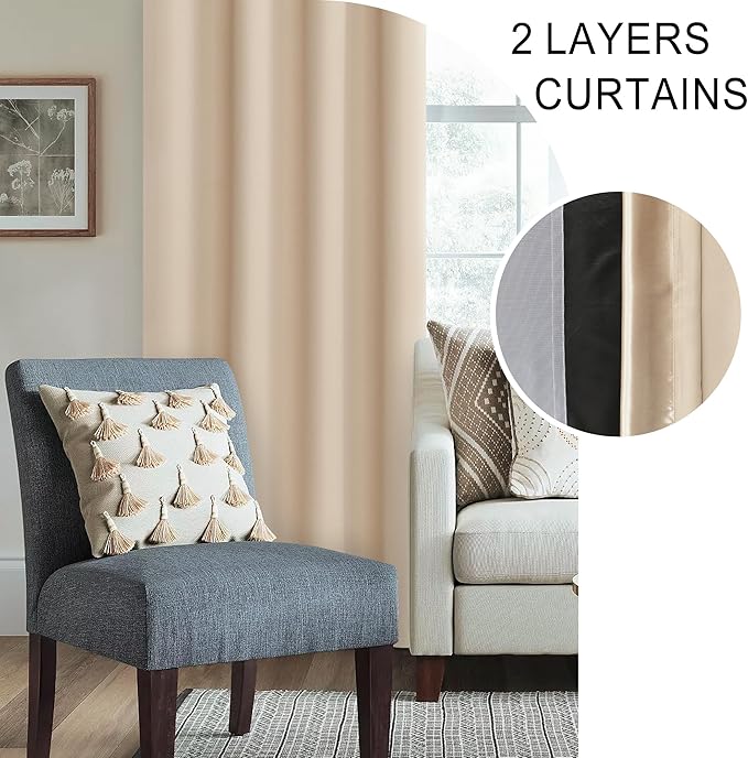 XWZO 100% Blackout Curtains 84 Inches Length with Tiebacks, Light Blocking Rod Pocket Window Drapes with Black Liner Backing for Bedroom/Kid's Room, Biscotti Beige, W70 x L84, Set of 2